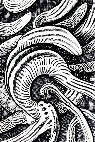 Image similar to A vintage scientific illustration from the 1970s of squid swimming in an endless vortex of squid