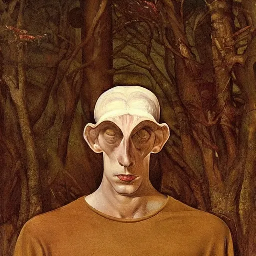 Image similar to portrait face head eyes man fungal ears Mushroom Cretin the Hermit camouflaged as a toadstool wearing a black shirt mark ryden greg rutkowski andrew wyeth giorgio de chirico