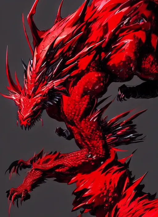 Prompt: Majestic red dragon with blue eyes. In style of Yoji Shinkawa and Hyung-tae Kim, trending on ArtStation, dark fantasy, great composition, concept art, highly detailed.