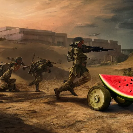 Prompt: Watermelon as military vehicle with epic weapons, launching rockets on a battlefield, russian city as background. Concept digital art in style of Caspar David Friedrich,unreal engine 5, artstationHD, 4k, 8k, 3d render, 3d Houdini, cinema 4d, octane epic RTX volumetric dramatic light