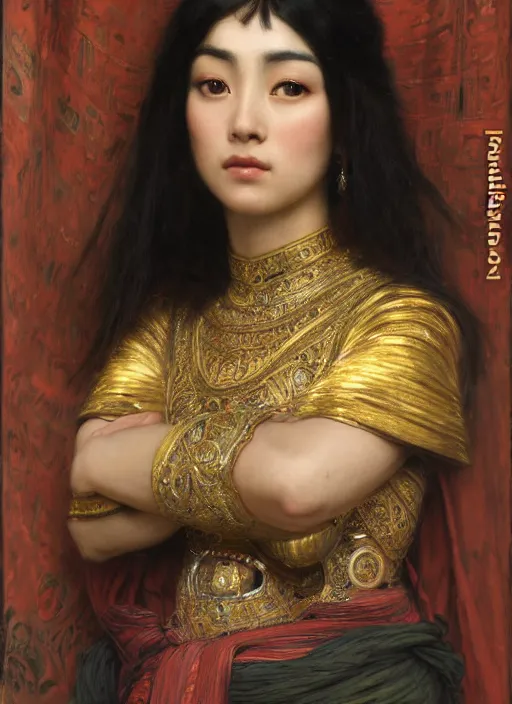 Image similar to beautifull asian queen cyborg with bangs curly Iranian orientalist portrait by john william waterhouse and Edwin Longsden Long and Theodore Ralli and Nasreddine Dinet, oil on canvas. Cinematic, hyper realism, dramatic lighting, high detail 4k