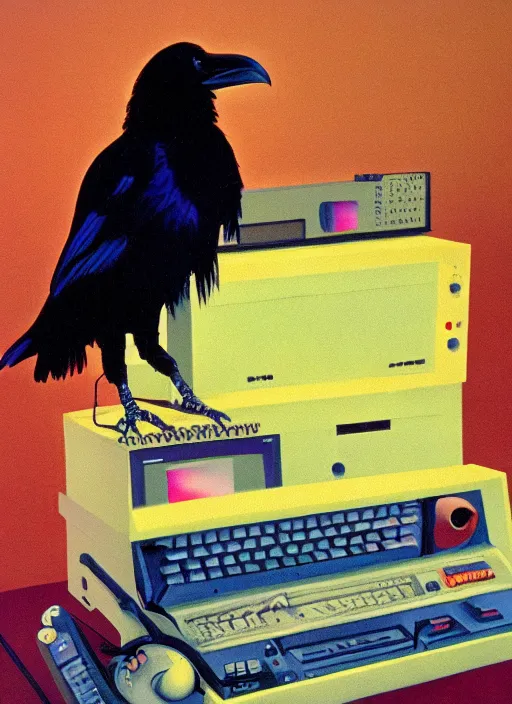 Image similar to a raven digging through 8 0 s era technology, vintage shapes, retro technology, happy color, wayne barlow, oil on canvas, deep depth field, masterpiece, cinematic composition, hyperdetailed