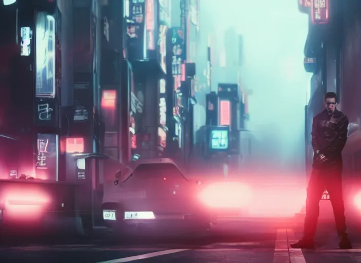 Image similar to Bladerunner2049 street racing man leaning cool pose on his white sports car with red emissives volumetric lighting Cyberpunk RTX ray marching street atmospheric cinematic screen cap street Tokyo slightly foggy Ryan Church Roger Deakins RX7 FD S15 GTR R35 Nismo