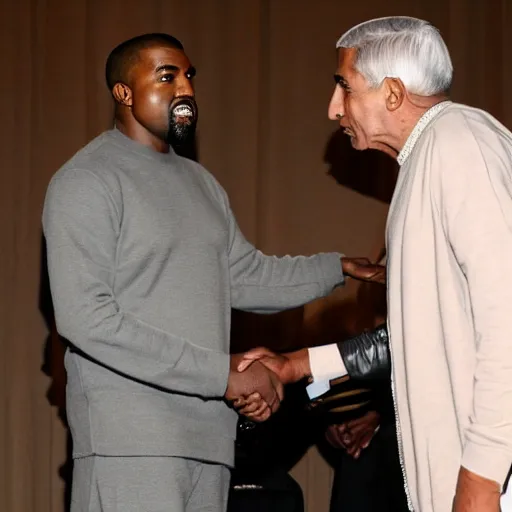 Prompt: Kanye West wearing a dress, receiving the Noble Prize from Anthony Fauci