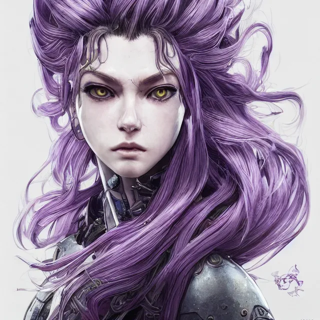 Image similar to close facial portrait of a pale woman in power armor with flowing purple hair, elegant, stoic, intense, ultrafine hyperdetailed illustration by kim jung gi, irakli nadar, intricate linework, sharp focus, bright colors, octopath traveler, final fantasy, hearthstone, highly rendered, global illumination, radiant light, detailed, intricate environment