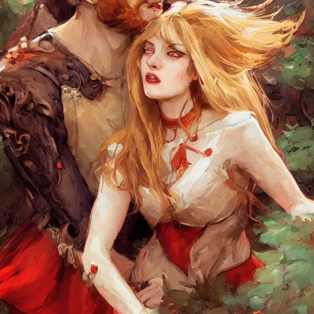 Image similar to book cover for a werewolf and red headed woman love story, portrait, elegant, intricate, digital painting, artstation, concept art, smooth, sharp focus, illustration, art by konstantin korovin and daniel f. gerhartz and john howe