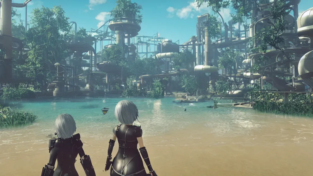 Image similar to Screenshot from Nier Automata, beautiful landscape at a water park