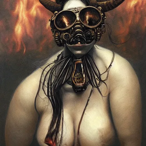 Image similar to a hyperrealistic painting of a beautiful woman with demonic horns wearing steampunk goggles, riding a horse into the fires of hell, by santiago caruso, highly detailed,