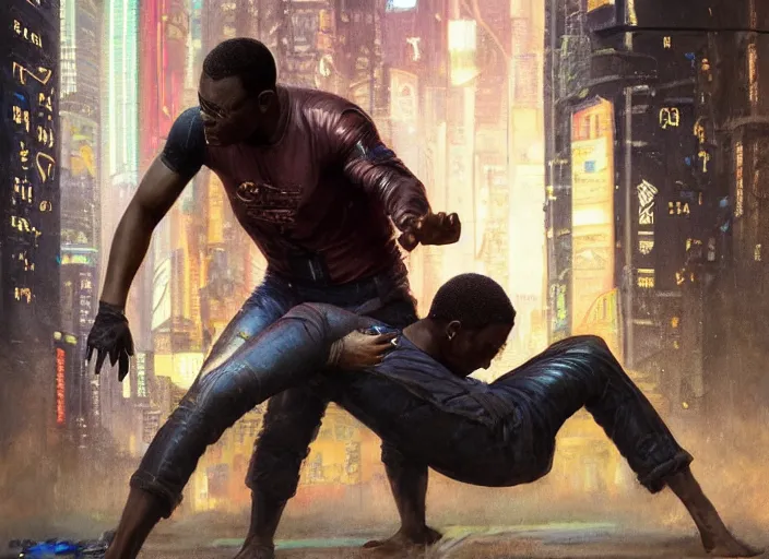 Prompt: chidi demonstrates skills in cyberpunk jujitsu match ( blade runner 2 0 4 9, dystopian, cyberpunk 2 0 7 7 character design ). orientalist portrait by john william waterhouse and james gurney and theodore ralli and nasreddine dinet, oil on canvas. cinematic, hyper realism, realistic proportions, dramatic lighting, high detail 4 k