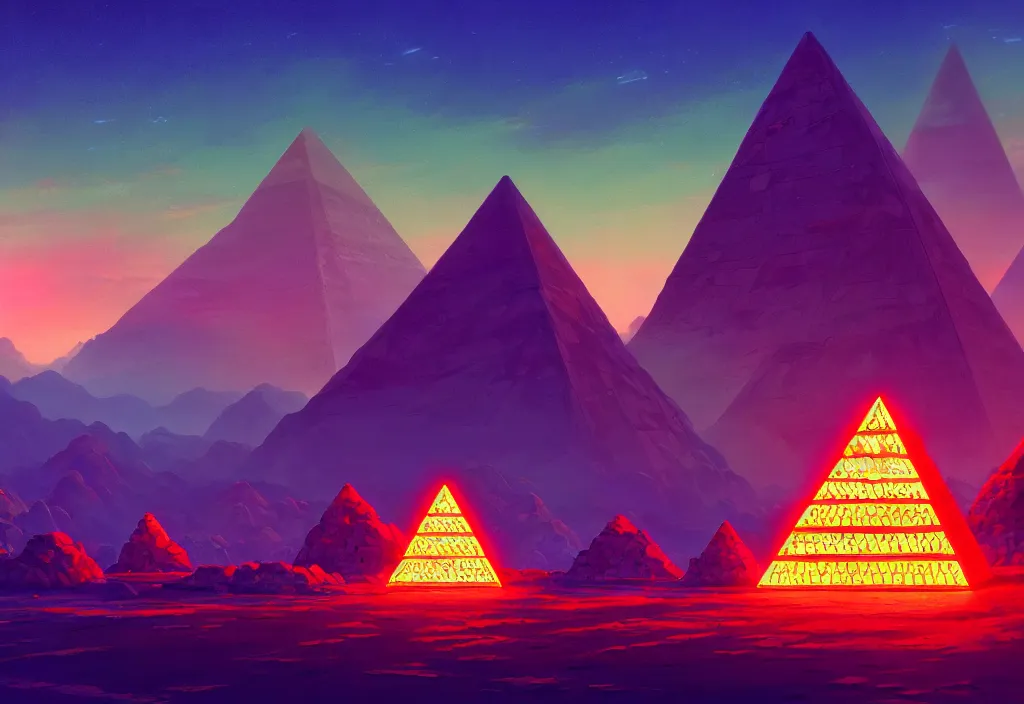 Prompt: a small futuristic pyramid with neons at dawn with rock piles in the background, intricate oil painting, high detail illustration, sharp high detail, manga and anime 1 9 9 9, official fanart behance hd artstation by jesper ejsing and makoto shinkai, 4 k,