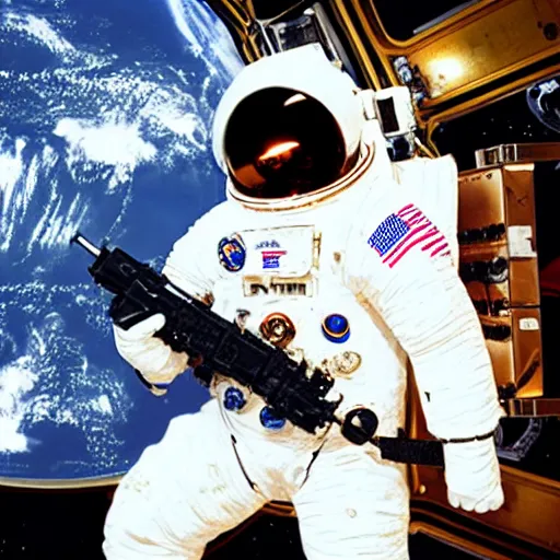 Image similar to donald trump in a space suit, holding an automatic rifle, on board the international space station. Photorealistic