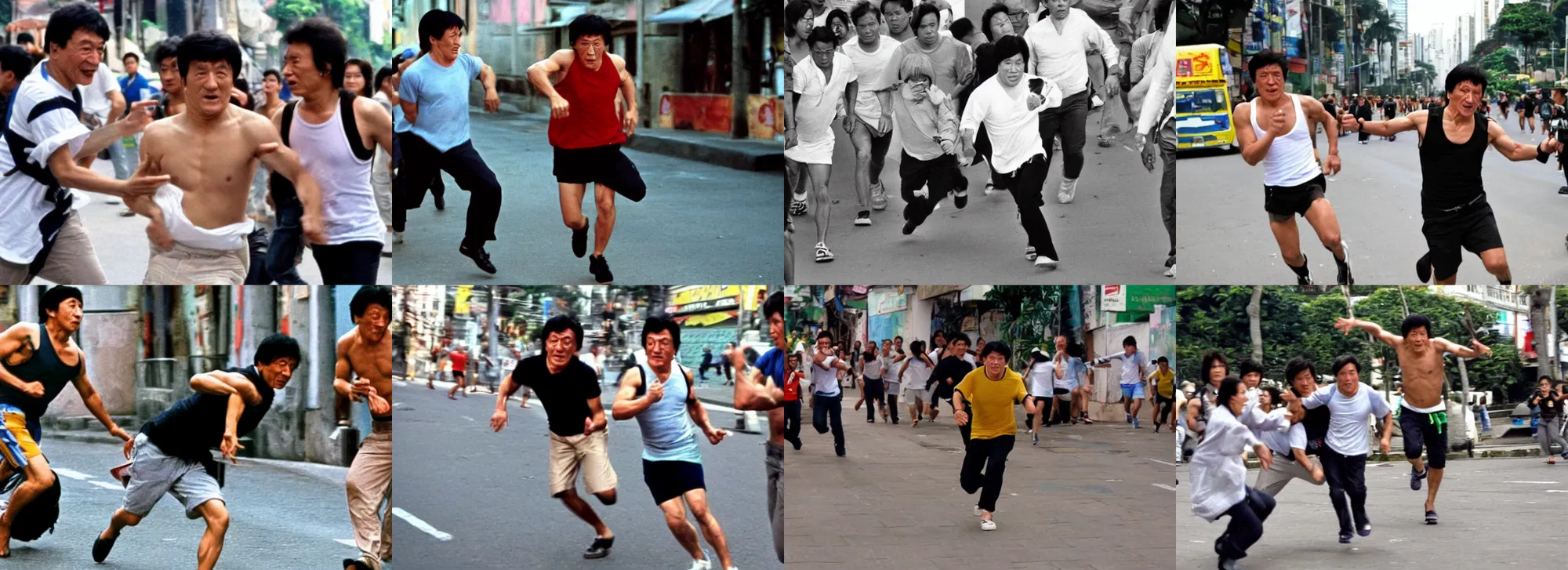 Prompt: jackie chan getting robbed in rio de janeiro running after the thief