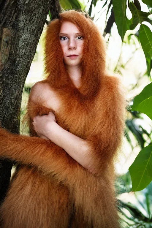 Image similar to a professional portrait photo of a dressed catgirl in the tropical jungles, ginger hair and fur, extremely high fidelity, natural lighting, national geographic magazine cover.