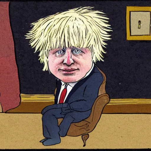 Prompt: Political cartoon of Boris Johnson with a porcelain toilet on his head