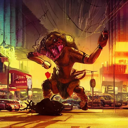 Image similar to gigantic building hovering above a city, long thick cables and trash hanging from underneath, smoke and thick dust in the air, rays of light, neon billboards and dried palmtrees in the streets, a mutant wrestler in fighter pose levitates in the center of the epic scene, scifi, illustration