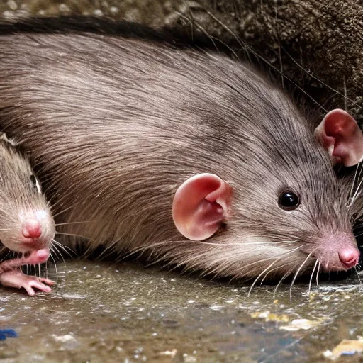 Image similar to 8 k uhd half human half sewer rats, animals, bizzare, weird, rats, human, highly details content