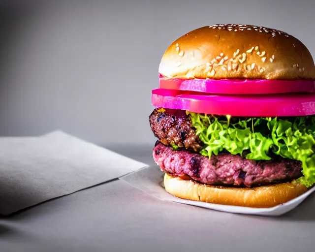 Image similar to dslr food photograph of burger with a pink raw patty in it, 8 5 mm f 1. 4