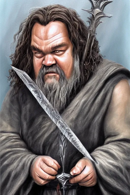 Prompt: A realistic caricature painting of Jack Black as Gandalf in LOTR by Sebastian Krüger