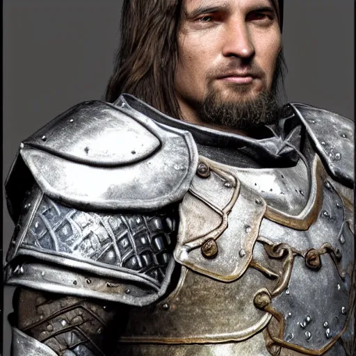 Image similar to hyper realistic photography of a skyrim medieval warrior wearing a heavy steel armor portrait