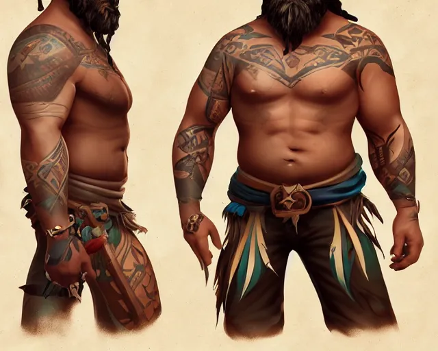 Prompt: sea of thieves character portrait concept art for a muscular tribal native man with polynesian tattoos on his face and a nose ring, cgsociety, trending on artstation, rare ltd,