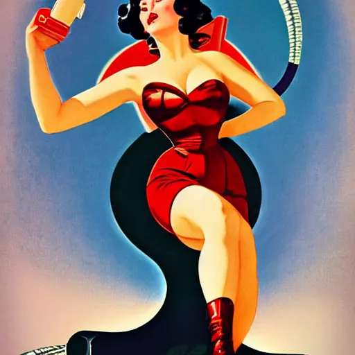 Image similar to a retro sci - fi pinup illustration of dita von teese in the style of alberto vargas and in the style of gil elvgren.