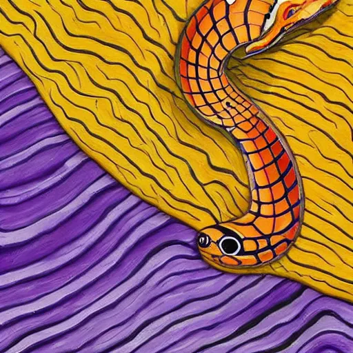 Image similar to a orange and black snake in a purple field realistic painting highly detailed