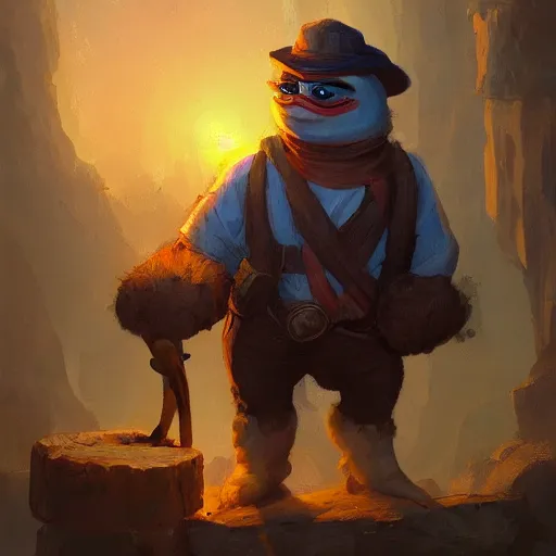 Image similar to super rich pepe the miner, greg rutkowski