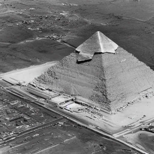 Prompt: an aerial photograph of future prospective site for a pyramid at giza with the early stages of construction and heavy scaffolding clearly visible, dslr
