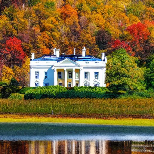 Prompt: crisp painting of a white house in an autumn forest