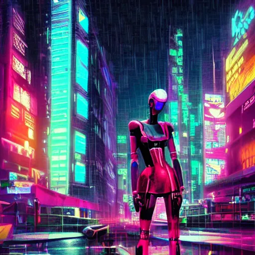 Image similar to cyberpunk robot women in neon city standing in the rain,