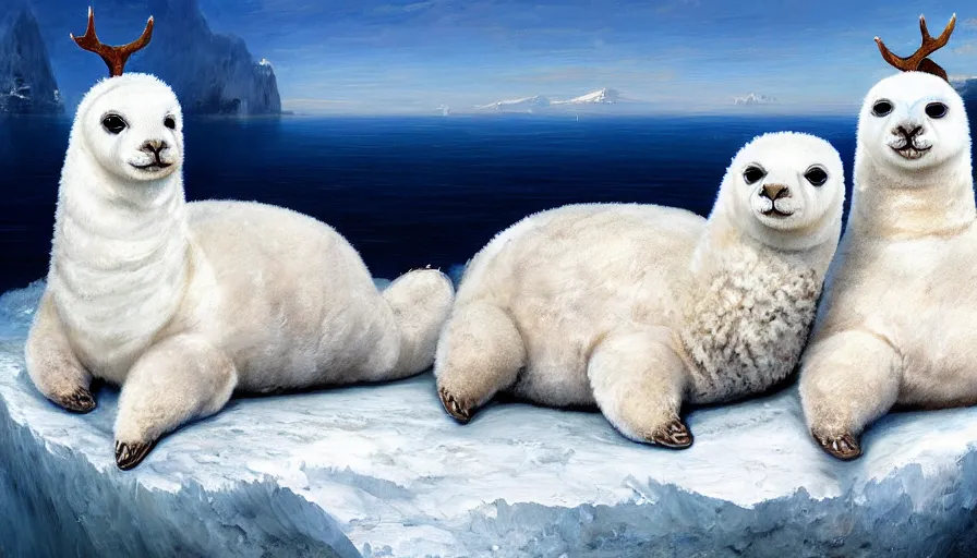 Image similar to highly detailed painting of cute furry white baby seal alpacas with big furry antlers cuddling into each other on a blue and white iceberg by william turner, by greg rutkowski, by william constable, thick brush strokes and visible paint layers, 4 k resolution