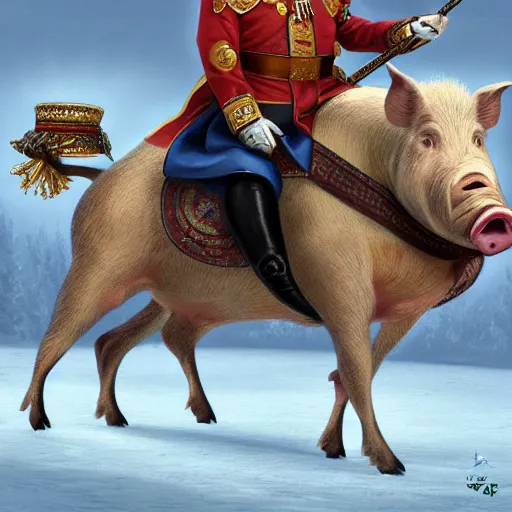 Image similar to an extremely realistic portrait depicting hungarian king viktor orban dressed in royal national costume, riding a pig on the frozen danube, detailed, intricate, elegant, highly detailed, digital painting, artstation, concept art, smooth, sharp focus, illustration,