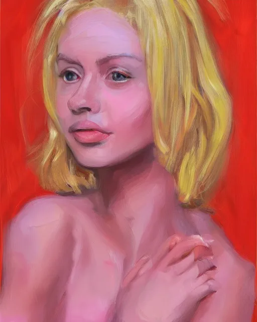 Prompt: Portrait of a blonde Goddess, Oil painting expressionist Portrait of a girl with vibrant red and pink background, actress, very coherent, beautiful, defined upper body, holds a spark of all creation in her hands, intricate dress, wide angle, intricate, elegant, overdetailed, professional digital painting, artstation, concept art, smooth, sharp focus, 8K, art by artgerm and greg rutkowski and alphonse mucha and Norman Rockwell and Francis Bacon