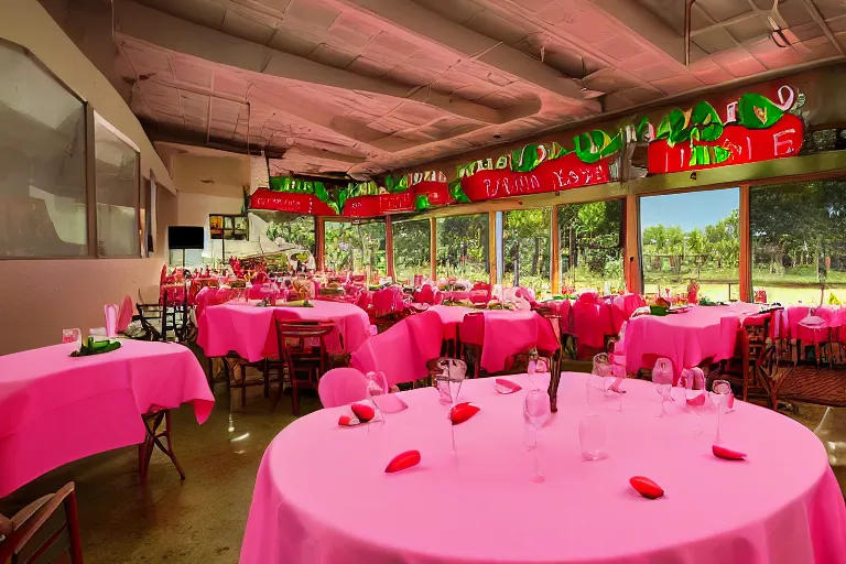 Prompt: 1 9 9 2 watermelon themed diner, tables repeat endlessly into the horizon, fruitcore, watermeloncore, one point perspective, americana, restaurant interior photography, 5 5 mm