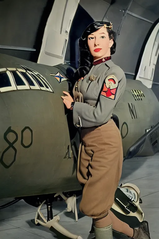 Prompt: 5 0 mm f 8 full body wide shot portrait colorized photography of a wwii bomber pilot who's a mix of cleopatra and mata hari with grey eyes and rainbow ponytail hair, expression concentrated, setting is in a starship hangar bay, by omar z. robles