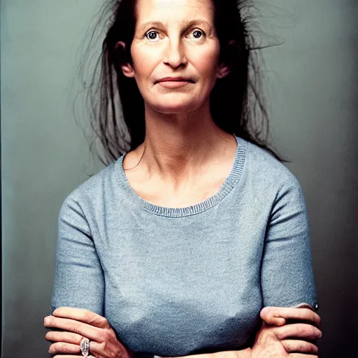 Image similar to portrait of a beautiful woman, front view. casual clothing. studio photo by annie leibovitz.
