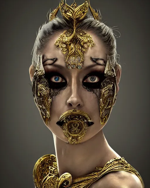 Image similar to concept art, Nicole Aniston, beautiful, frank frazetta, ornate, art nouveau, symmetrical, gold jewelry, high contrast, unbiased render, Emil melmoth, eerie, haunting, victorian, 8k, octane render, style of Gustav Klimt, head and shoulders