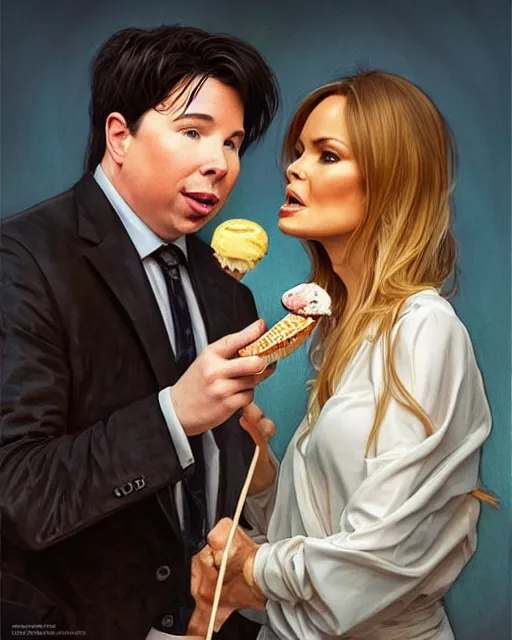 Image similar to Portrait of Michael Mcintyre & a blonde Barbara Bach from the bond film eating ice creams in Porto,real life skin, intricate, elegant, highly detailed, artstation, concept art, smooth, sharp focus, art by artgerm and greg rutkowski and alphonse mucha