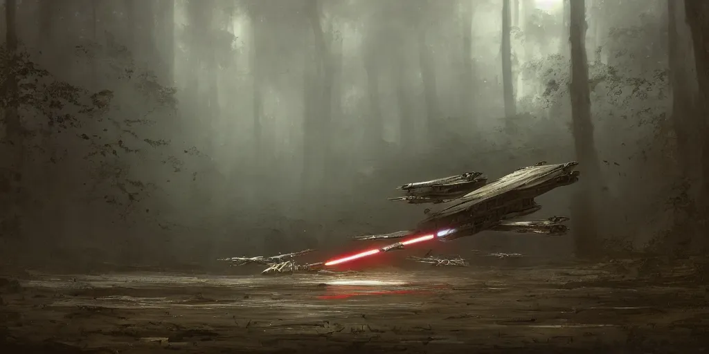 Image similar to a painting of a cinematic keyframe of star wars a destroyed x - wing fighter in dagobah's forest, heavy atmosphere and smoke by greg rutkowski, rule of thirds, golden ratio, ambient lighting, wlop, artgerm, artstation, highly detailed masterpiece, dark fantasy art, high detail, trending on artstation