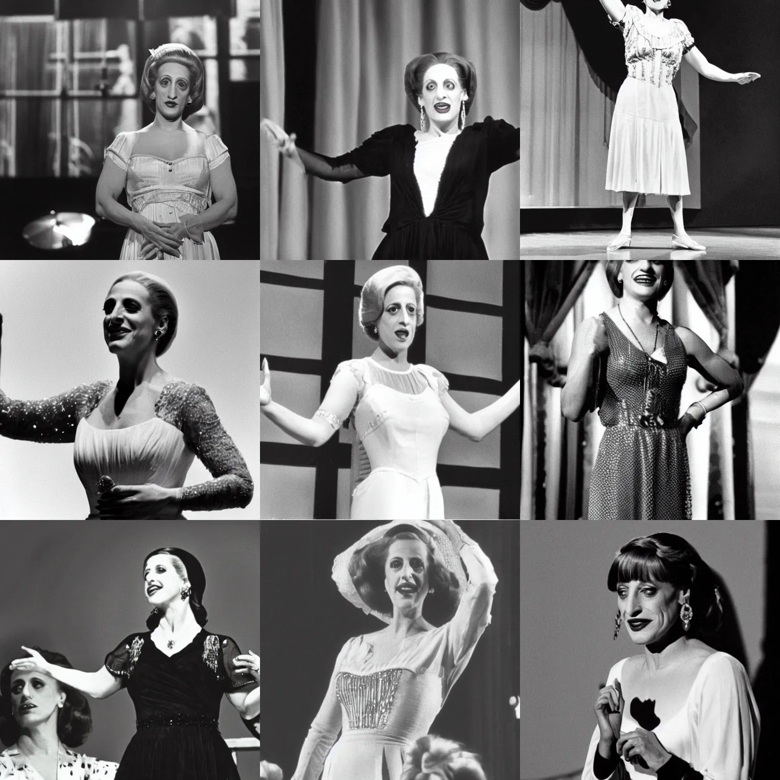 Prompt: photo of patti lupone portraying eva peron on broadway, 1 9 7 6.