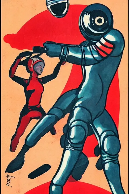 Image similar to Soviet propaganda art of a beautiful female cosmonaut fighting an alien.