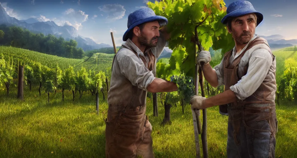 Prompt: A beautiful hyper realistic ultra detailed lifelike matte painting of traditional austrian vineyard worker, unreal engine, deviantart, flickr, artstation, octane render, textured, colorful, extreme realistic detail, physically based rendering, pbr render, very detailed, volumetric lighting, detailed lighting, octane render, 4k, cinematic lighting, 8k resolution