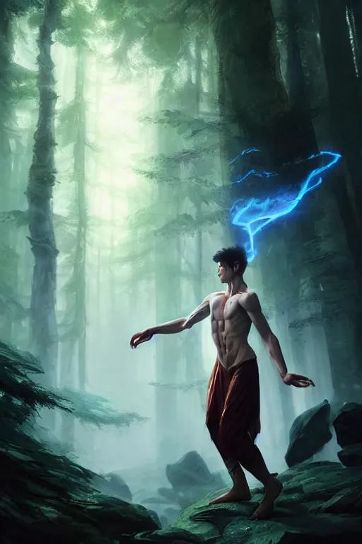 Image similar to a human elemental sorcerer, forest setting, colorful magic, male, white skin, young, sharp focus, concept art, dynamic lighting, unreal engine, by greg rutkowski 0. 5 | emylie boivin 1. 0 | kyle herring 2. 0