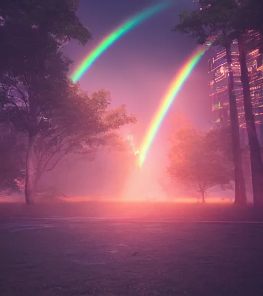 Image similar to symmetric daydreaming of the god of sun glare, fluid dance of the blockchain big cotton sheets in the center of the air, cyberpunk forest, majestic light, octane render, beauty fog, ethereal glare of the sun, raining rainbow, volumetric lighting, hyperealistic, epic, masterpiece