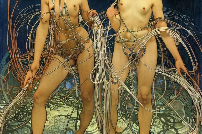 Prompt: symmetric, neuroscientists holding a brain and neurons in their hands, in a room full of wires and computers and neural networks, sci - fi, 4 k realistic, alphonse mucha.