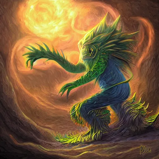 Image similar to wizard fighting a giant larva monster, digital art