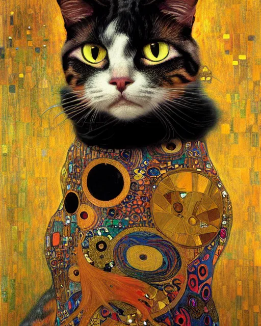 Image similar to punk cat portrait an oil painting splashes with many colors and shapes by gustav klimt greg rutkowski and alphonse mucha, polycount, generative art, psychedelic, fractalism, glitch art