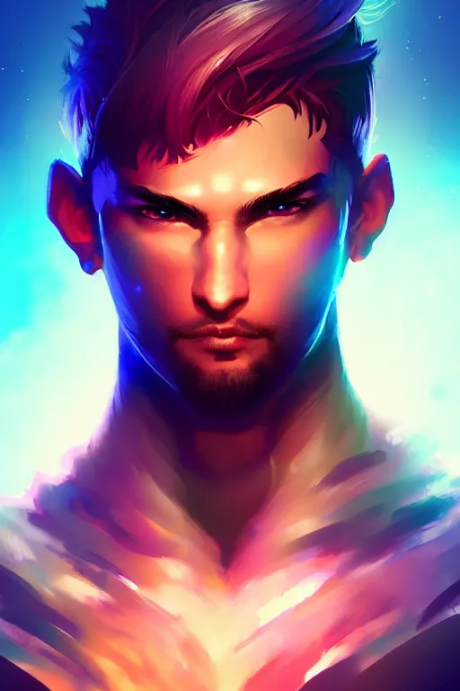 Image similar to a handsome warrior look back after shooting, blurred environment background, colorful magic effects, white skin, portrait, male, clothed, sharp focus, digital art, concept art, trending on artstation, dynamic lighting, by emylie boivin and rossdraws