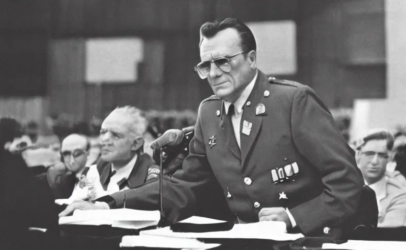 Prompt: 60s movie still of Josip Broz Tito with his general's cap delivering a speech at a soviet's congress, by Irving Penn , Cinestill 800t 35mm black and white, heavy grainy picture, very detailed, high quality, 4k, HD criterion, precise texture