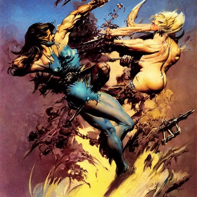 Image similar to artwork by frank frazetta